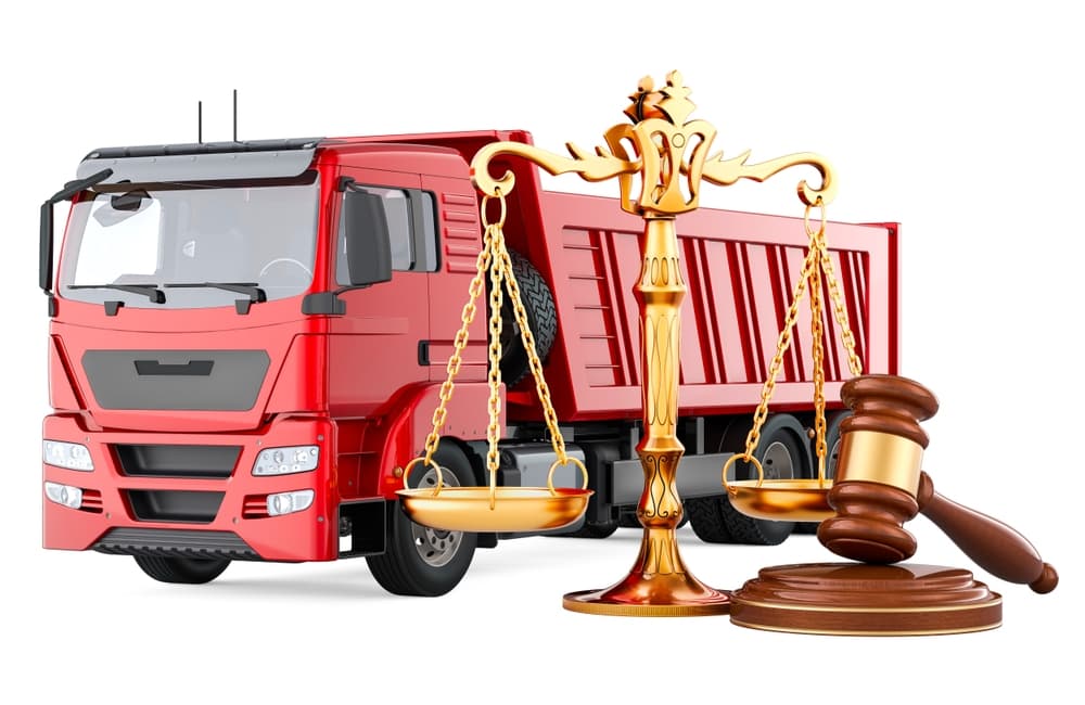 A 3D rendering depicts a tipper truck adorned with a wooden gavel and scales of justice, isolated on a white background.