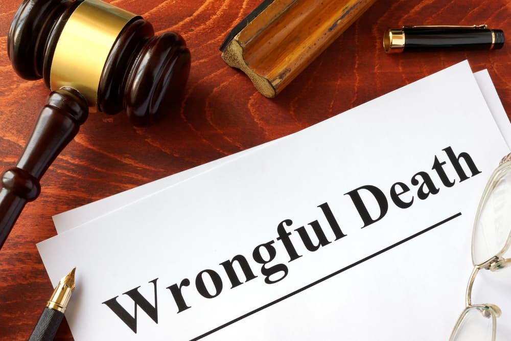 Title 'Wrongful Death' laid out on a wooden surface in a somber document.