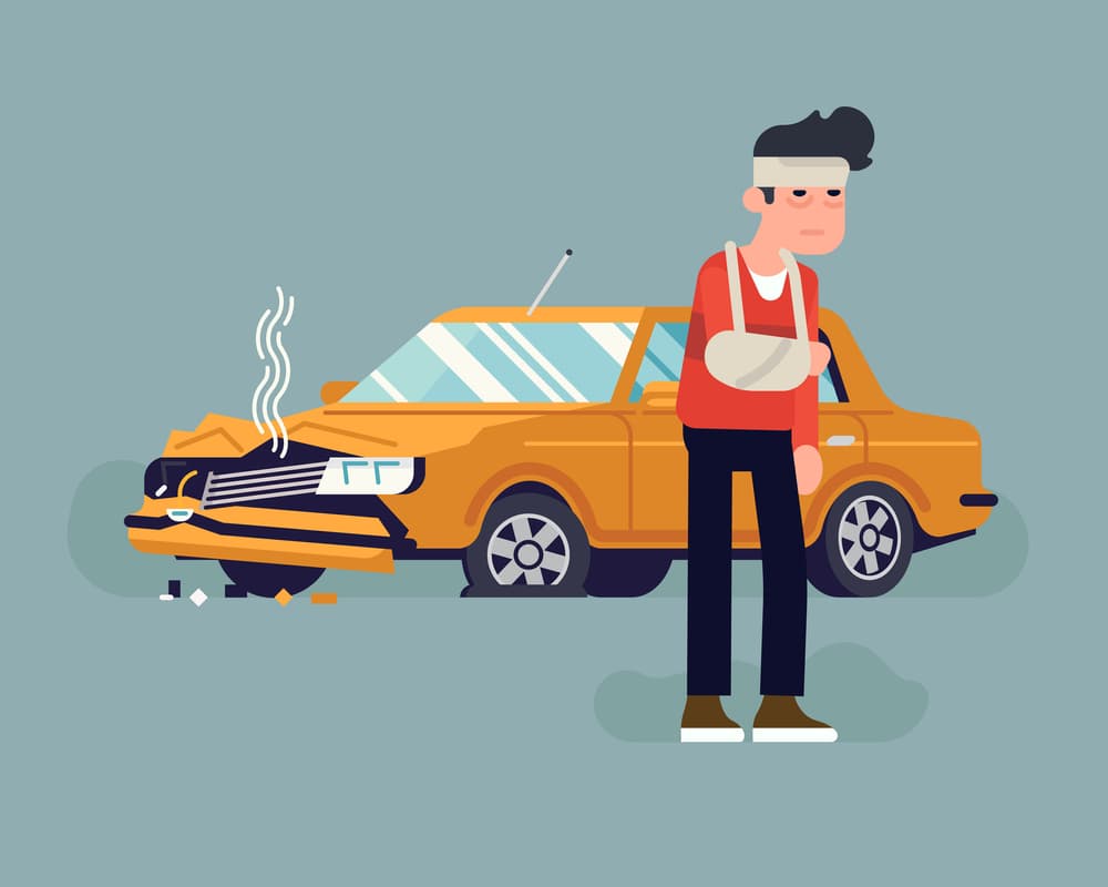 An injured driver stands solemnly beside their wrecked vehicle, illustrating the importance of driving safety. This scene is depicted in a flat vector concept illustration.