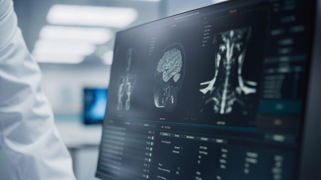 Doctor examining brain and neck MRI scans on computer screen in modern medical lab.